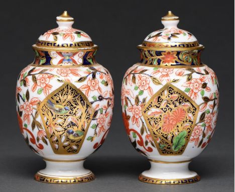 A pair of Crown Derby Japan pattern oviform vases and covers, c1880, 13cm h, printed mark Localised light wear