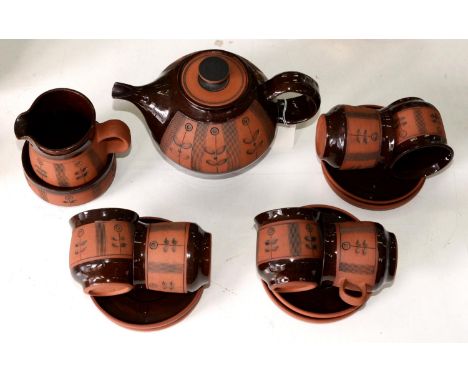 Studio pottery. Gordon Fox (1955 - ) tea service, terracotta and brown glaze, teapot and cover 40.5cm h, incised signature (1