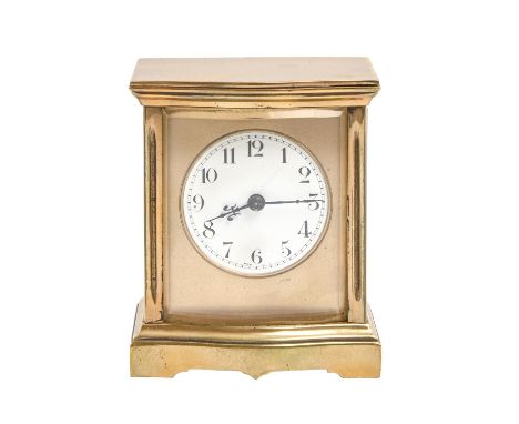 A French serpentine brass carriage timepiece, early 20th c, with giltmetal mask to the enamel dial, 90cm h, leather case Move