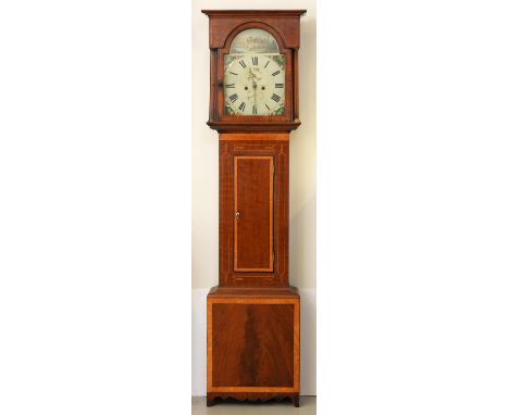 A Victorian mahogany, fruitwood and line inlaid eight day longcase clock, Gordon Felton, the breakarched and painted dial wit