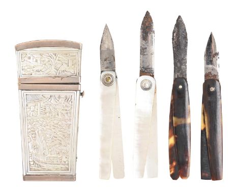 Medical Interest. A Chinese export silver and engraved mother of pearl lancet case, early 19th c, one side with two flower sh