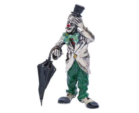 An Italian silver and enamel clown statuette, late 20th c, 12.5cm h, maker's and Italian control marks, Convention mark and B