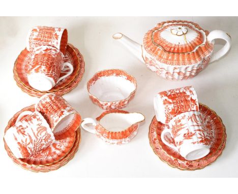 A Copeland bone china red printed Willow pattern fluted tea service, late 19th c, teapot and cover 11.5cm h, printed mark (22