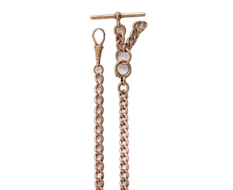 A 9ct gold albert, c1900, with T-bar, 54cm l, links individually marked, marks rubbed, 50g Light wear