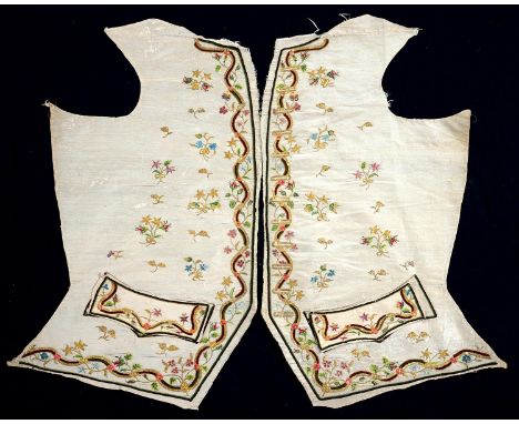 A pair of fine French court waistcoat shapes, c1780, of cream moire silk with silver thread woven in, having pointed pocket f