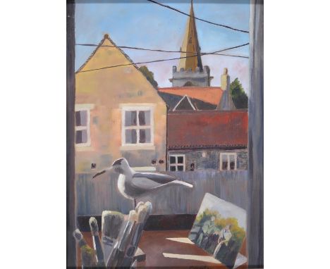 Crossley, 21st c - View from an Artist's Window,&nbsp;signed, oil, 39 x 29cm, a study of a steam engine with LSWR rolling sto