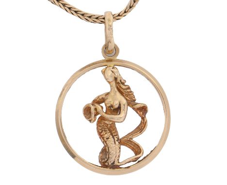 A 9ct gold mermaid pendant, 25mm diam and a 9ct gold herringbone pattern chain, 17g Good condition