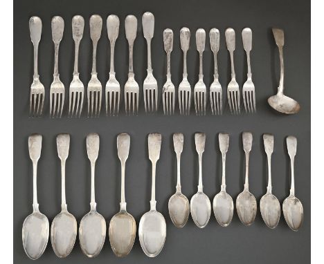 A set of six George III table forks, Fiddle pattern, crested, by Sarah &amp; John William Blake, London 1819, a composed silv