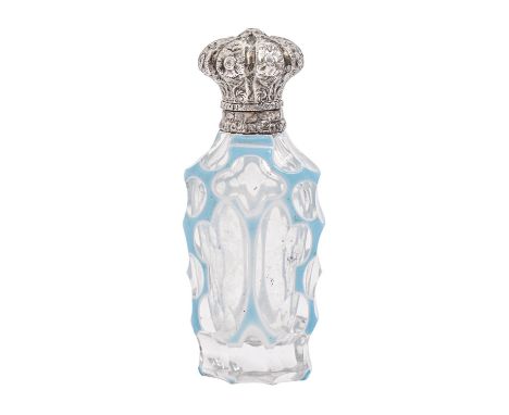 A Victorian silver mounted glass scent bottle,&nbsp;cased in white and turquoise glass, the chased mount and cap embossed wit