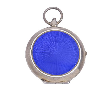 A Continental double sided silver and blue guilloche enamel compact, of watch case form, c1930, 47mm diam, apparently unmarke