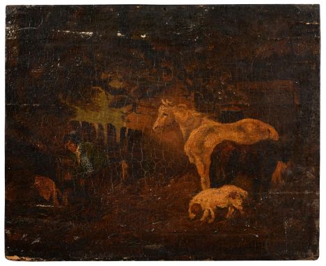 In the manner of George Morland - A Farmer with his Work Horse and Dog, palimpsest caricature of clergymen to verso, oil on p