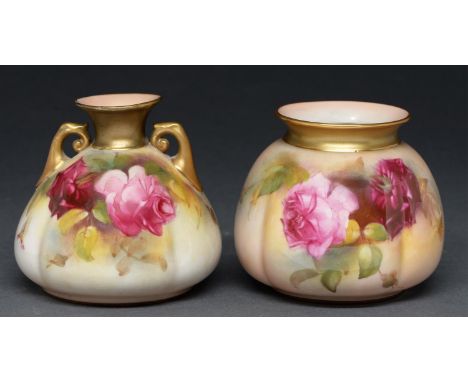Two Royal Worcester sack shaped vases, 1924 and 1925, painted with Hadley Roses, one by E Spillsbury, signed, 78 and 80mm h, 