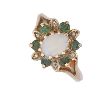 An opal and green stone cluster ring, in 9ct gold, marks obscured, 2.3g, size L Light wear