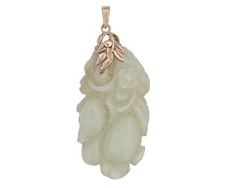 A Chinese carved jade peach pendant, mounted in 9ct gold, 57mm, 24g Good condition