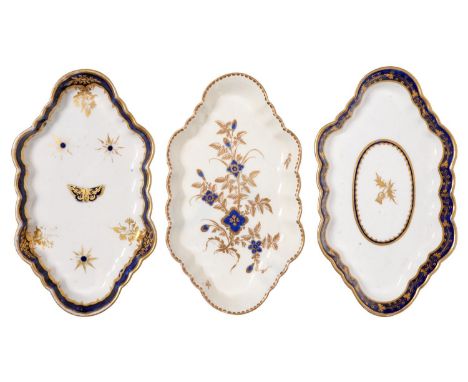 A Caughley 'Blue and Gold Star and Fly' pattern spoon tray and two Worcester blue and gilt spoon trays, c1785-90,&nbsp;15.5 a