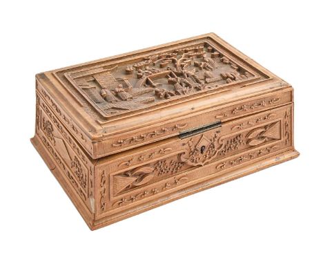 A Chinese carved wood box, 19th c, of light wood, the lid with artisans and other figures in a landscape, the sides with geom