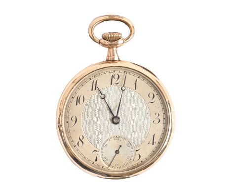 A gold keyless lever watch, the silvered dial with engine turned centre, in plain case, base metal cuvette, 45mm diam, marked