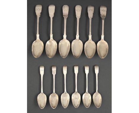 A composed set of six Scottish silver dessert spoons, Fiddle pattern, Edinburgh, maker WC, 1828 and James McKay 1840, a set o