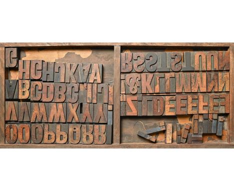 British Letterpress Printing. A case of wood type, (woodletter) first half 20th c,&nbsp;including 'A' with manufacturer's sta