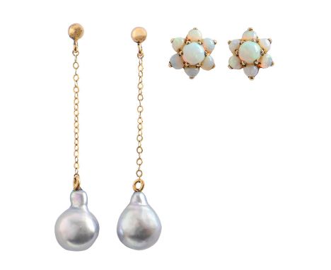 A pair of opal cluster ear studs, in 9ct gold, 10mm, 1.3g and a pair of grey cultured drop pearl earrings (4) Good condition