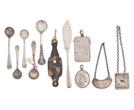 Five silver salt spoons, various makers and dates, two silver decanter labels, a vesta case, etc, 2ozs (excluding lorgnette) 