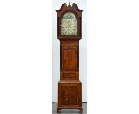 A Victorian oak and mahogany eight day longcase clock, W Wain Alfreton, the breakarched and painted dial with brass ringed wi