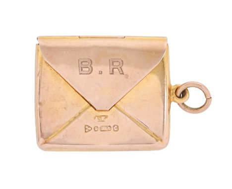 A George V 9ct gold envelope novelty postage stamp case, engraved with the initials B.R., 23 x 27mm, maker's mark rubbed, Che