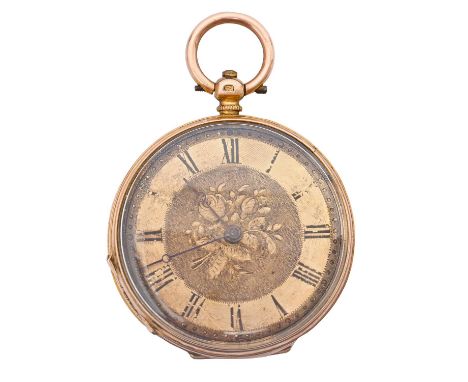 A Swiss gold cylinder lady's watch, late 19th c, with engraved dial, engine turned and engraved case, 36mm diam, 30g Movement