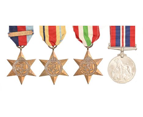 WWII, four, 1939-1945 Star, Africa Star, Italy Star, War Medal and 1st Army clasp, card box addressed Bristol 