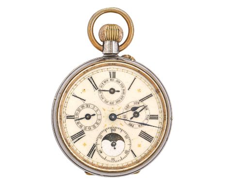 A Swiss keyless lever gunmetal watch, early 20th c, the enamel dial with day, date, month and lunar work, 50mm diam Working o