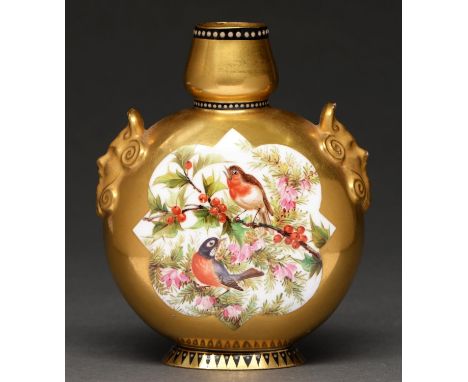 A Coalport gilt ground vase, c1885, of flask shape with mask handles, painted with birds on a bough, 13cm h, printed mark, pa