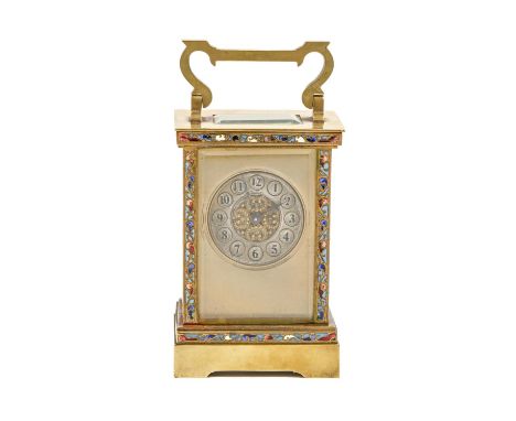 A French gilt lacquered brass and champleve enamel carriage timepiece, early 20th c, 11.5cm h Working order, escapement origi