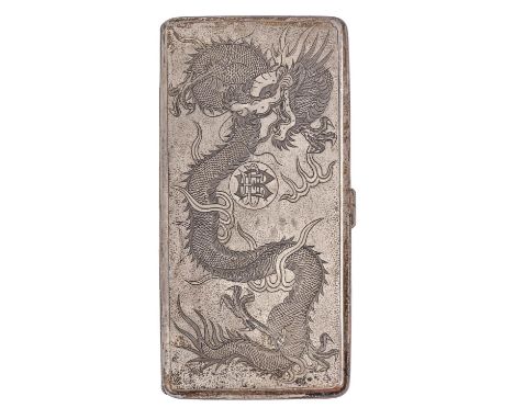 A Chinese silver cigarette case, early 20th c, engraved with dragon, 16.5cm l, marked TACK ..., DOYSILVER and indistinctly ma