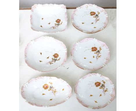 A Limoges moulded floral dessert service, c1900, oblong dish 26cm l, printed mark (9) Light wear