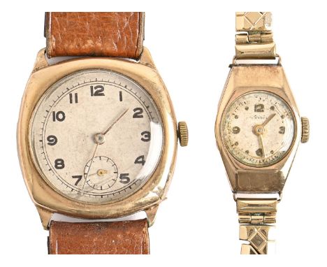 A Crusader 9ct gold cushion shaped gentleman's wristwatch, 28 x 28mm, Birmingham 1946 and a 9ct gold lady's wristwatch on [pl