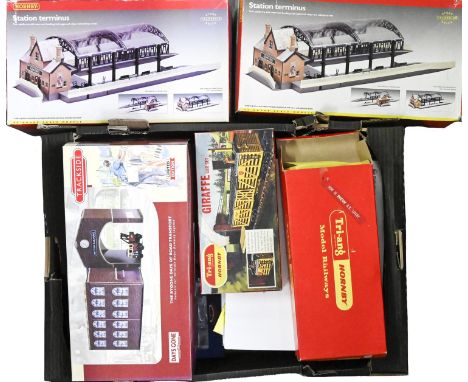 Hornby and other model railways, including Tri-ang giraffe car R.348, Hornby station terminus (2), Lledo Days Gone By tracksi