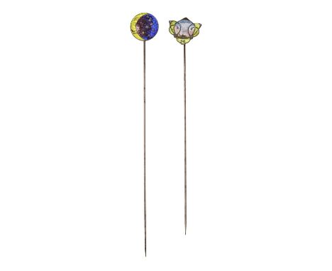 Two Arts and Crafts hat pins, with silver and translucent enamel terminal, both by James Fenton, Birmingham 1908 Enamel sligh