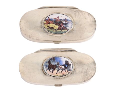 Two similar enamel set silver pill boxes, recent manufacture, 50mm l, unmarked, 1oz 5dwts Good condition