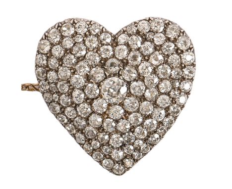 A Belle Epoque heart shaped diamond brooch, c1900,&nbsp;pave set with old cut diamonds, mounted in silver and gold, 34 x 34mm