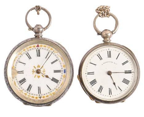 Two silver lady's lever watches, c1900, the larger 41mm diam and two silver chains Movements untried; in apparently good cond