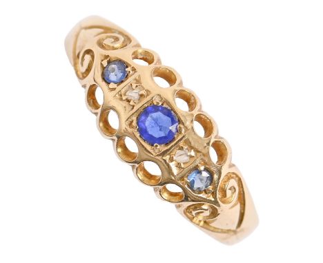 A sapphire and diamond ring, in 18ct gold, Birmingham 1906, 2.1g, size O One of the two small sapphires chipped