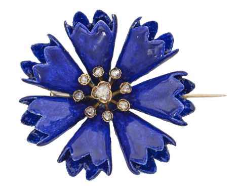 A Prussian Imperial Presentation diamond set blue guilloche enamel cornflower brooch, gold pin, 33mm diam, 10g  Provenance: V