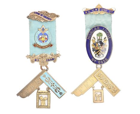 Freemasonry. Two silver gilt and enamel past master's jewels, Morcar Masonic Lodge and Lodge of Sincerity, both cased 