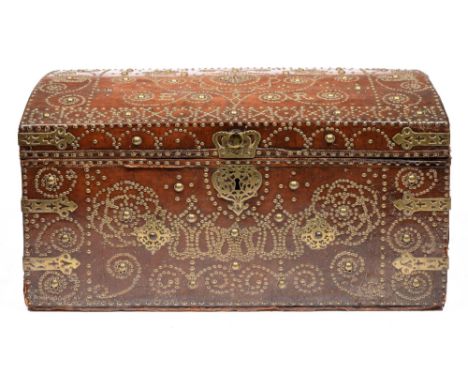A George II brass-studded leather-covered travelling trunk, Henry Nickles London, of wood with domed lid and covered in Russi