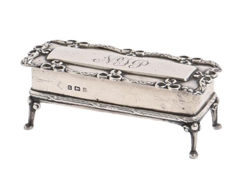 An Edwardian silver table shaped hairpin box, 93mm l, maker's mark rubbed, Birmingham 1906, 2ozs 12dwts Light wear