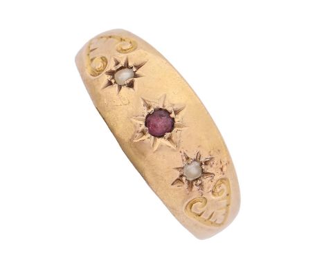 An Edwardian ruby and split pearl ring, gypsy set&nbsp; in 18ct gold, Birmingham 1906, 3.2g, size M Good condition with only 