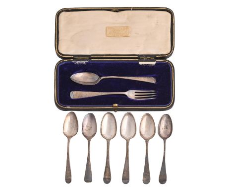 A George V silver child's christening spoon and fork, by C W Fletcher, Sheffield 1917, cased and six George III silver teaspo