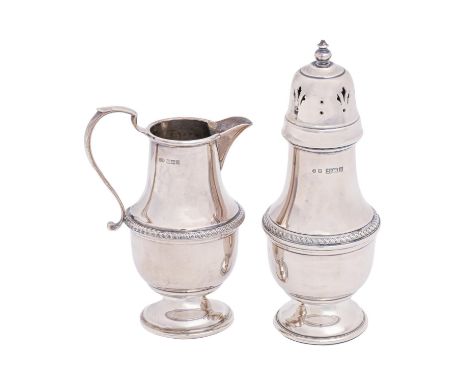 An Elizabeth II silver sugar caster and cover and a cream jug, caster and cover 16cm h, maker J R, Birmingham 1971, 7ozs Good