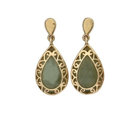 A pair of pear shaped jade earrings, in gold, drop 18mm, 4.2g Good condition