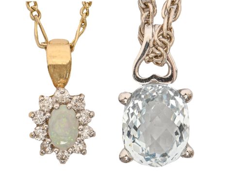 An opal and diamond pendant, in 18ct gold, 10mm, on 9ct gold necklet and an aquamarine pendant in 9ct white gold, on white go